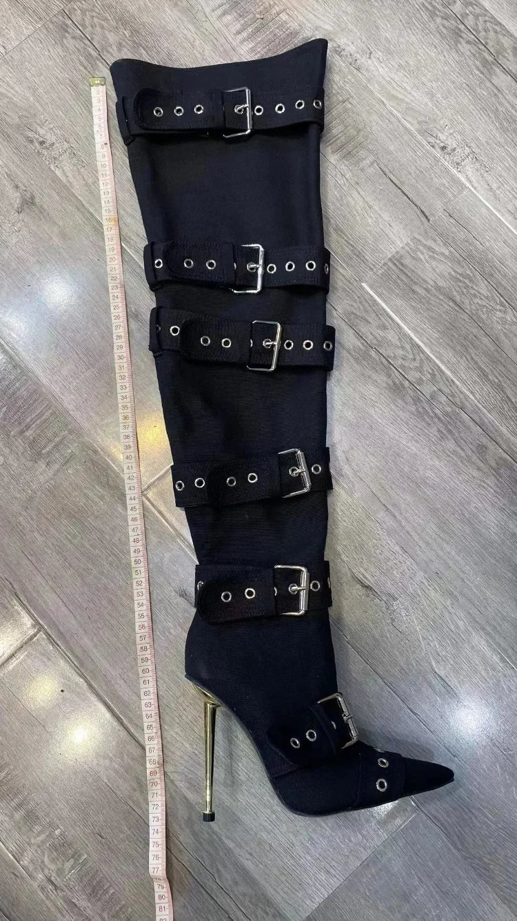 SLSHLYJ Denim Rivet Over-the-Knee Boots – 12cm Heels, Punk Silver Buckle