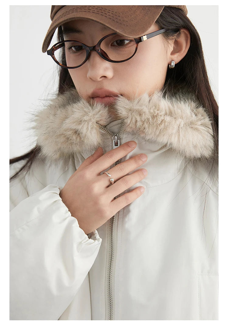 Korean Women’s Down Coat – Loose Hooded Jacket with Faux Fur Collar, 90% White Duck Down, Autumn/Winter 2025