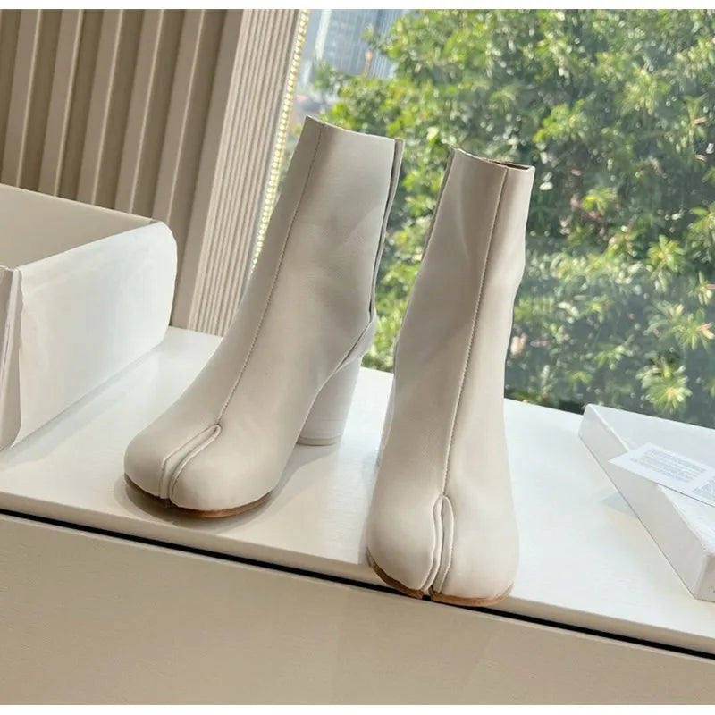 Women’s Split-Toe Tabi Ankle Boots – Chunky High Heel Chelsea Short Booties