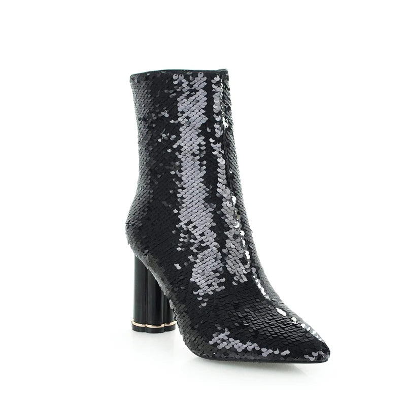 Sequined Short Boots – Women’s Bling Chunk Heel Pointed Toe Ankle Booties