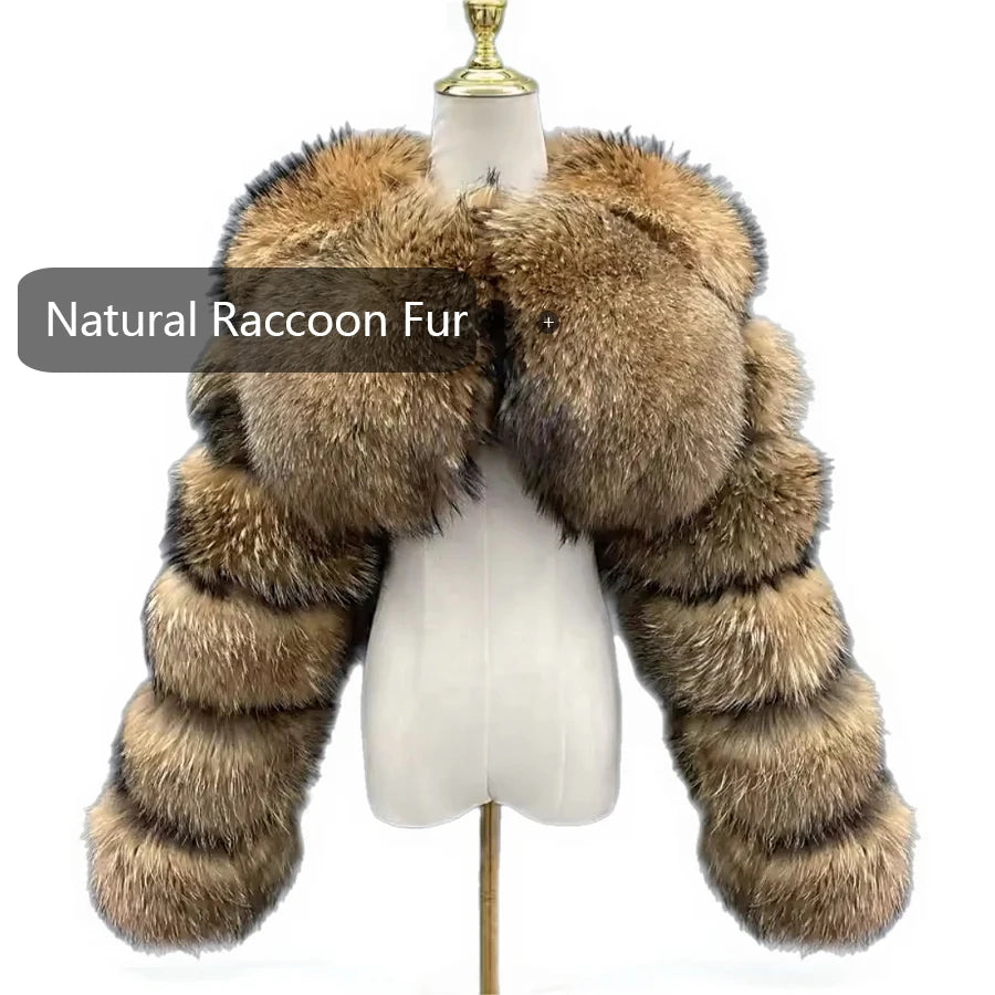Cropped Real Raccoon Fur Jacket – Short Luxury Bomber Coat for Women