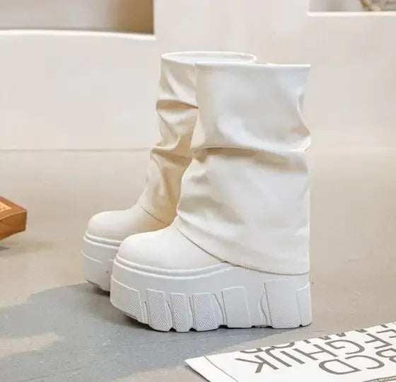 Calf Ankle Booties – PU Leather Motorcycle Boots with Platform, Winter 2025