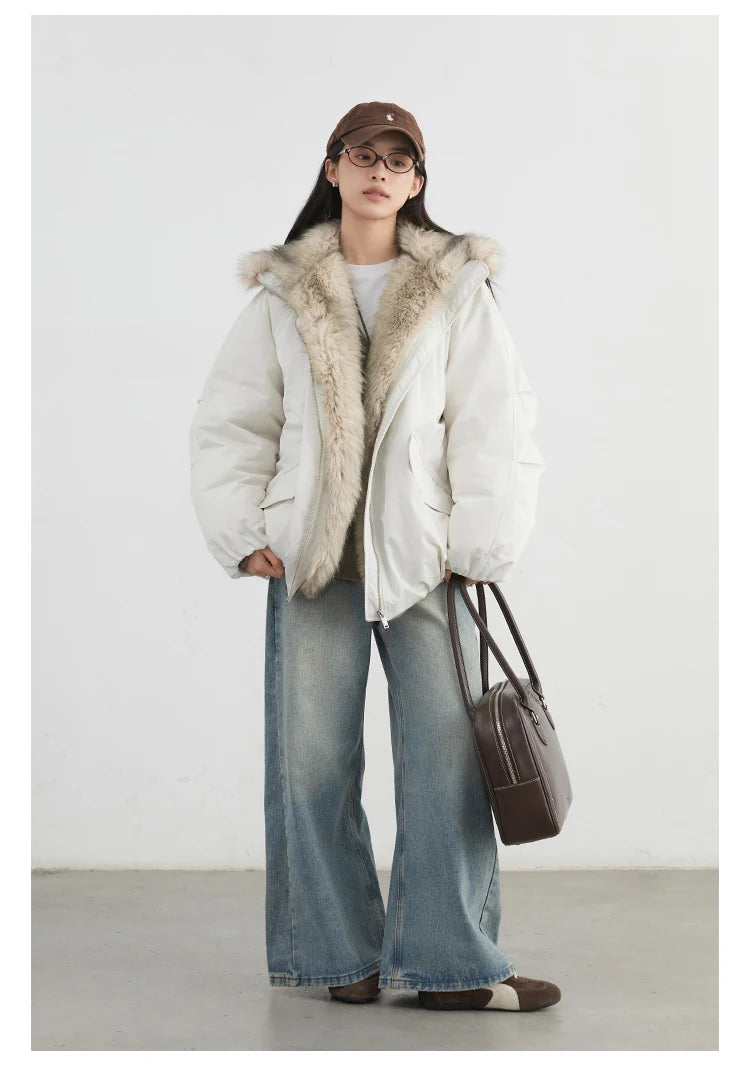 Korean Women’s Down Coat – Loose Hooded Jacket with Faux Fur Collar, 90% White Duck Down, Autumn/Winter 2025