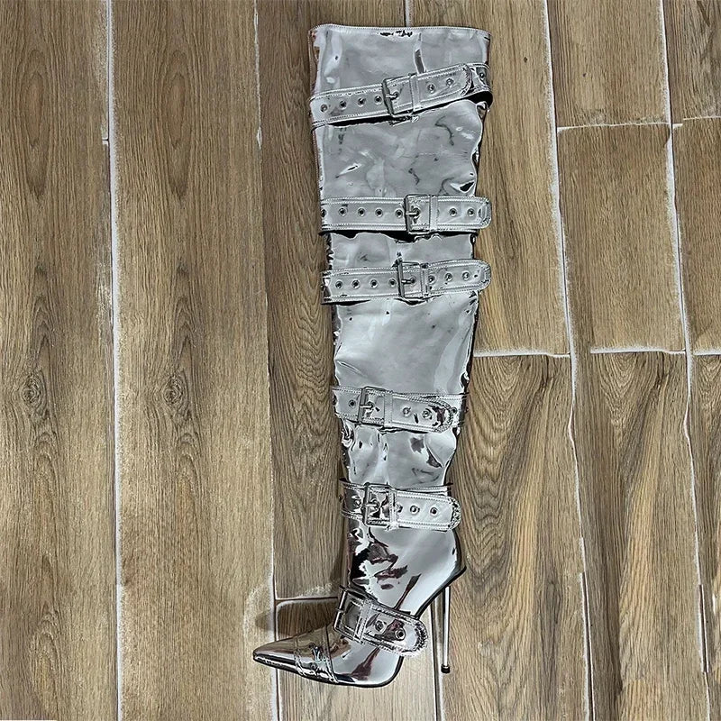 SLSHLYJ Denim Rivet Over-the-Knee Boots – 12cm Heels, Punk Silver Buckle