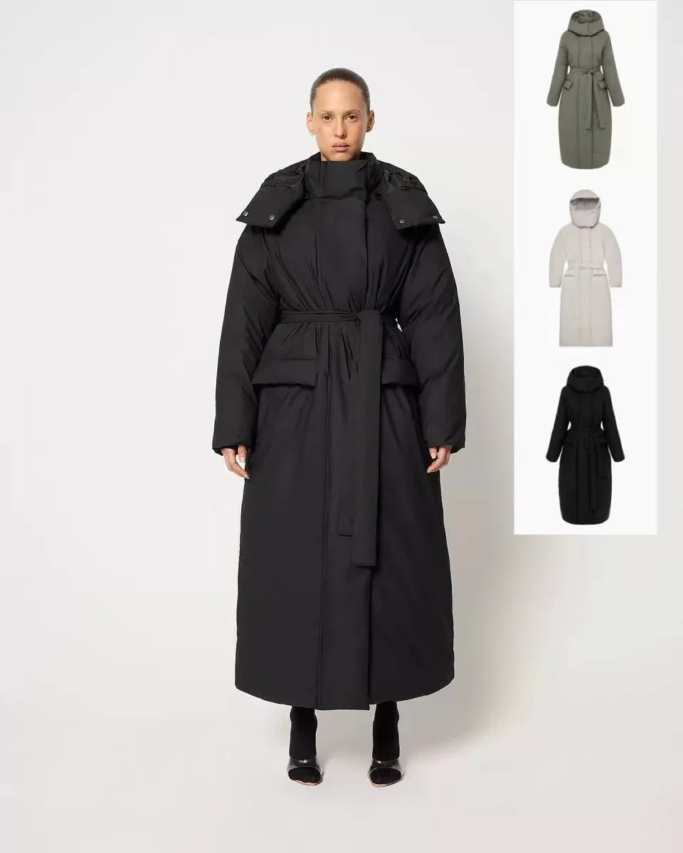 KHY Long Hooded Cotton Coat – Knee-Length Thickened Warm Outerwear for Women