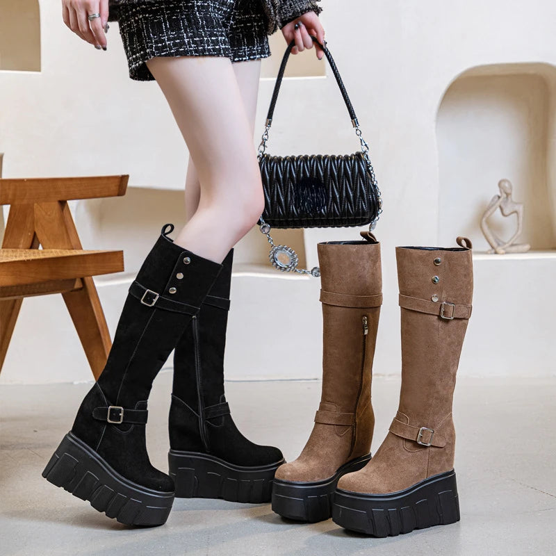 Motorcycle Boots – Microfiber & Synthetic Leather Platform Wedges, Spring/Autumn