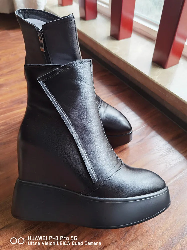MKKHOU Genuine Leather Pointed Toe Wedge Boots