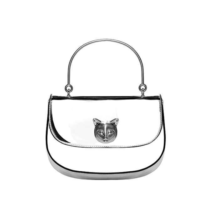 Silver handbag with a cat face emblem on a white background, featuring the brand 'Bafelli'.