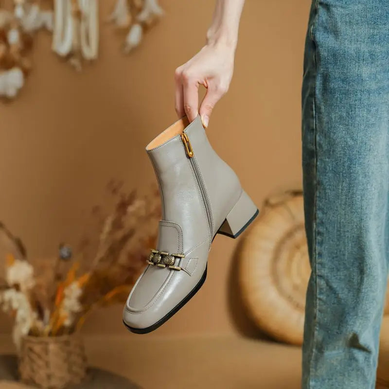 ASUMER Women’s Genuine Leather Ankle Boots – Zipper Square Mid Heels for Autumn & Winter