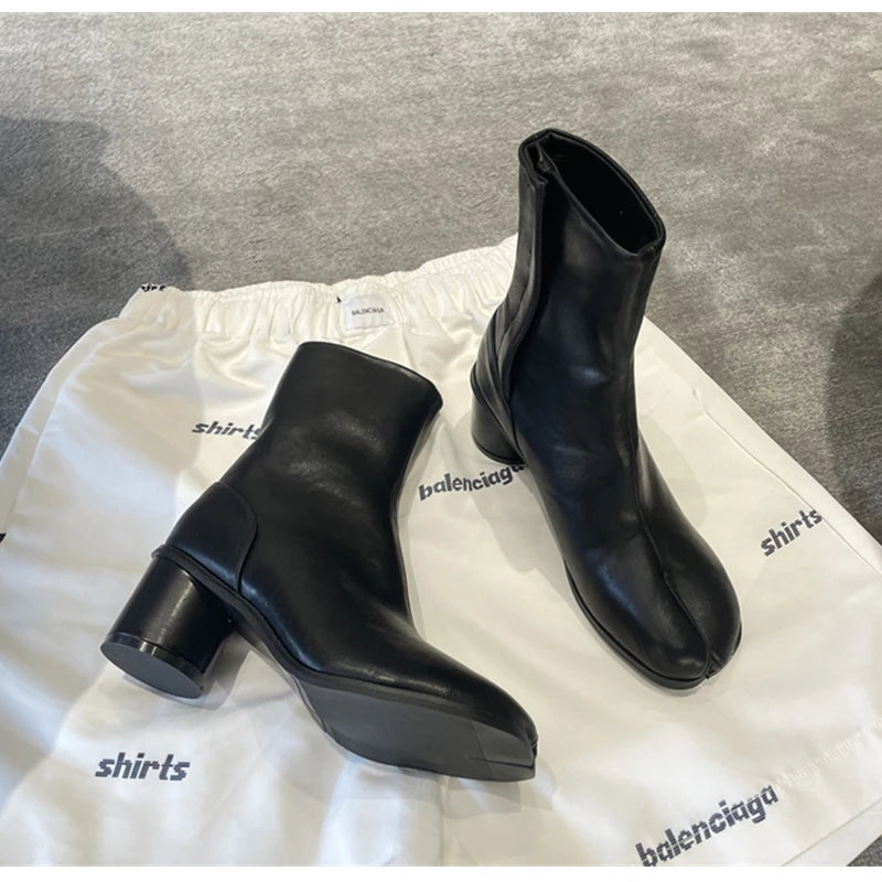 Women’s Split-Toe Tabi Ankle Boots – Chunky High Heel Chelsea Short Booties