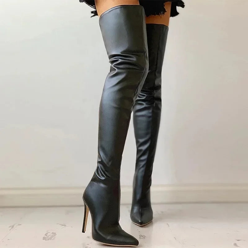 Over-the-Knee Thigh High Boots – Stretch PU Leather High Heel Winter Shoes