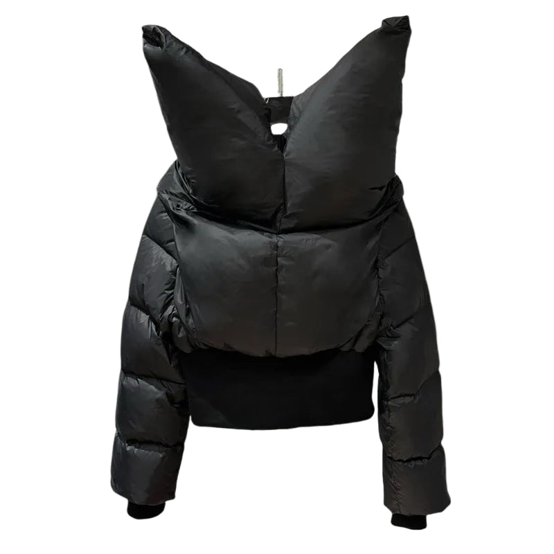 HKSH Asymmetrical Short Down Jacket – Stand Collar Dark Style Winter Coat for Women