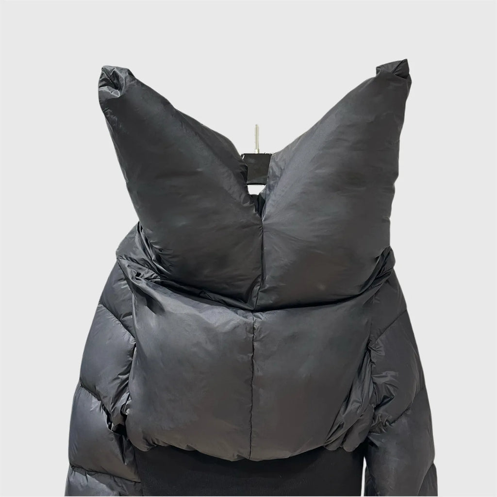 HKSH Asymmetrical Short Down Jacket – Stand Collar Dark Style Winter Coat for Women