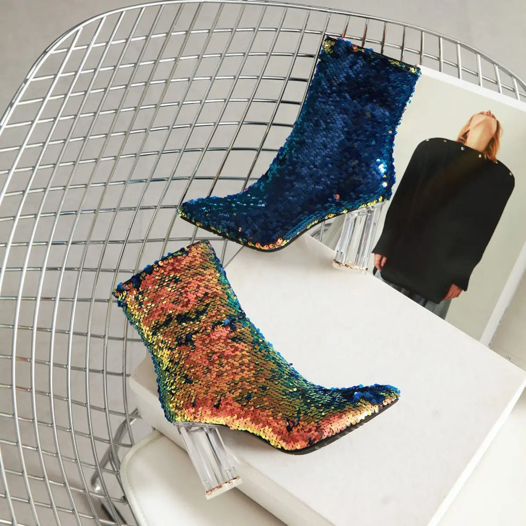 Sequined Short Boots – Women’s Bling Chunk Heel Pointed Toe Ankle Booties
