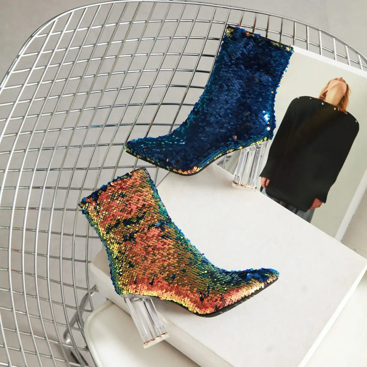 Sequined Short Boots – Women’s Bling Chunk Heel Pointed Toe Ankle Booties