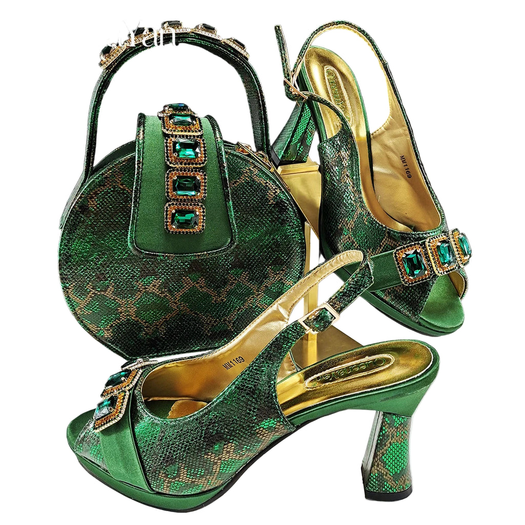 Green high-heeled shoes with  embellishments and a matching handbag on a white background.