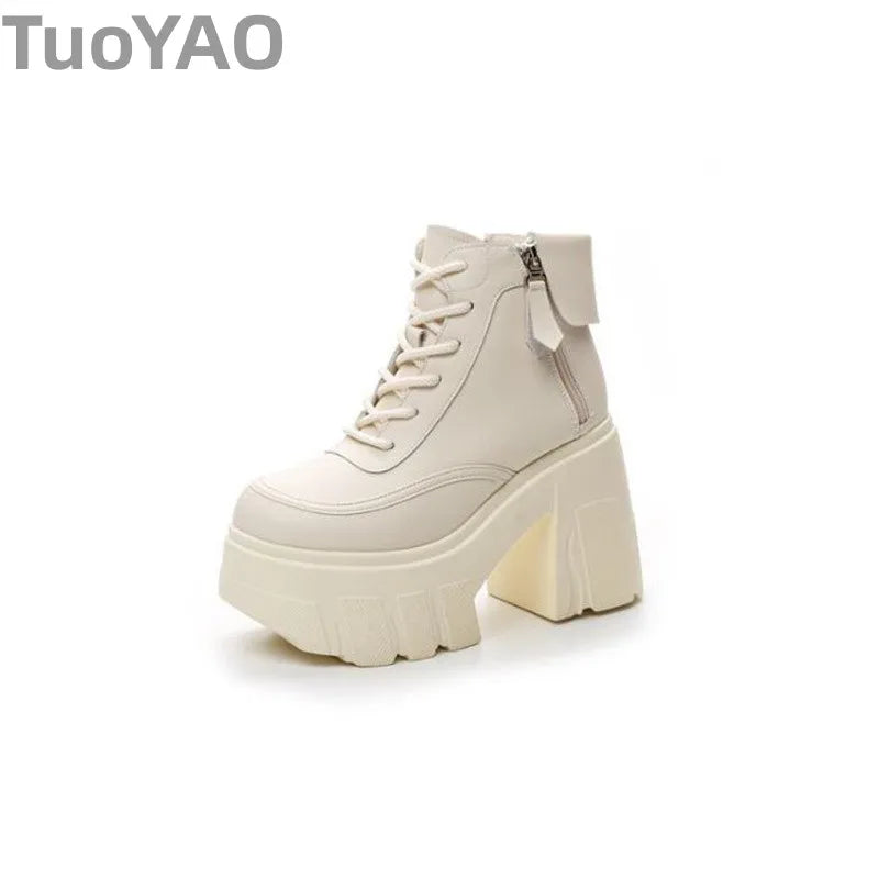 TuoYAO Genuine Leather Platform Ankle Boots