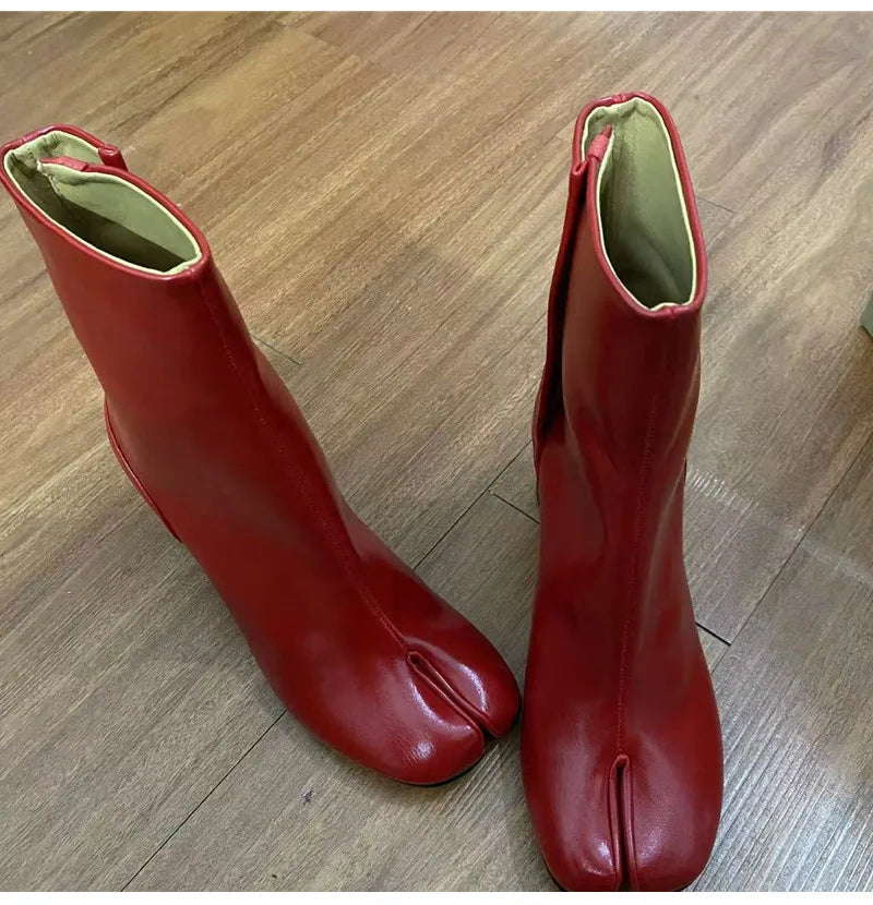 Women’s Split-Toe Tabi Ankle Boots – Chunky High Heel Chelsea Short Booties