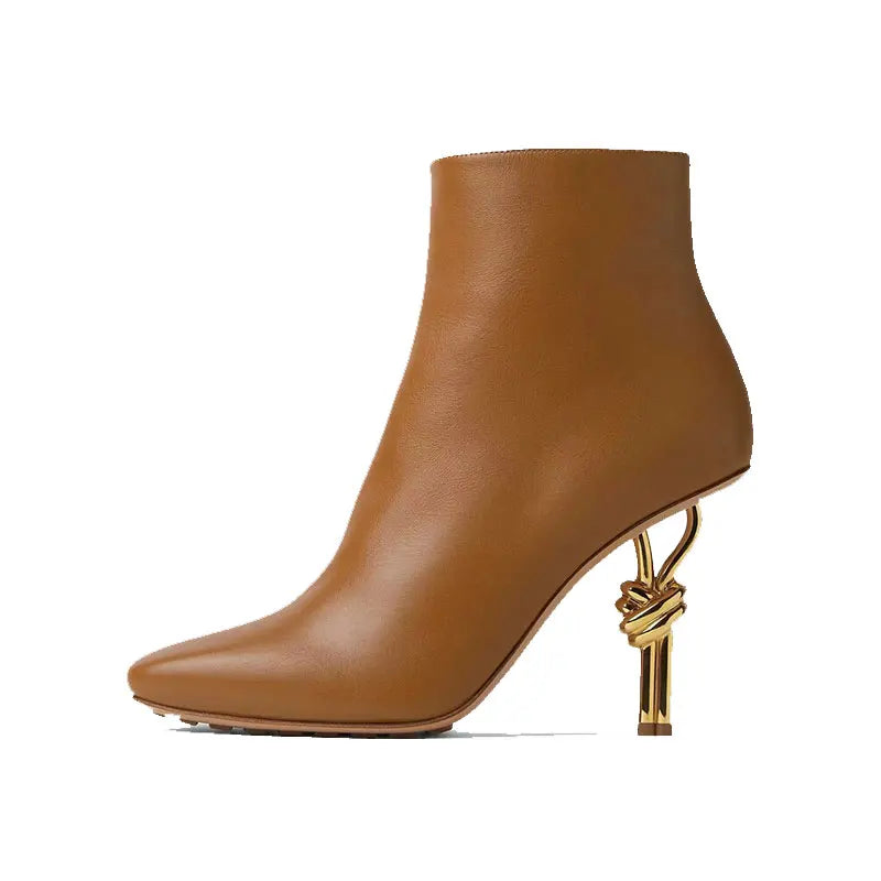 Thermal Square Toe Ankle Boots – Metal Knot Heel Stiletto Boots for Women