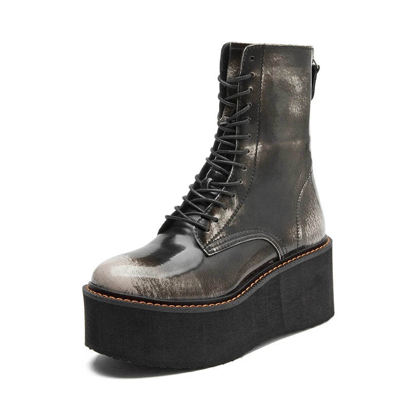 Women’s Genuine Leather Ankle Boots – Retro Lace-Up High-Heel Platform Short Boots