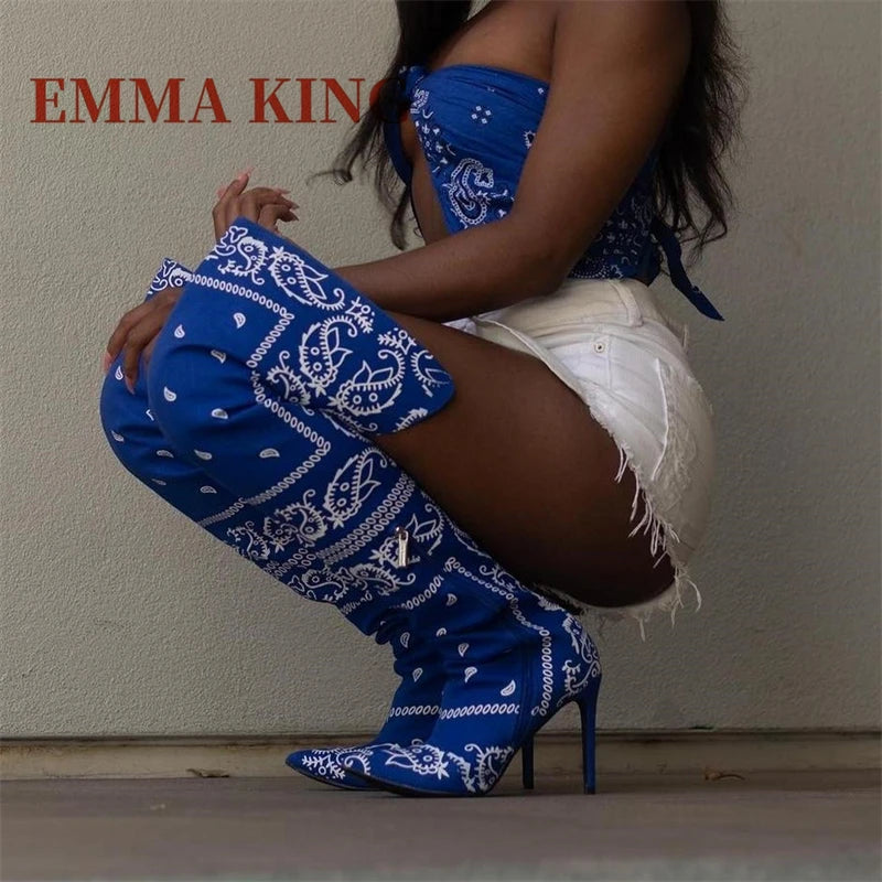 Thigh-High Bandana Print Boots – Sexy Pointed Toe Stiletto Heels