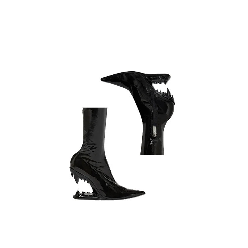 Tiger Teeth Heel Boots – Women’s High Fashion Mid-Calf Stretch Boots