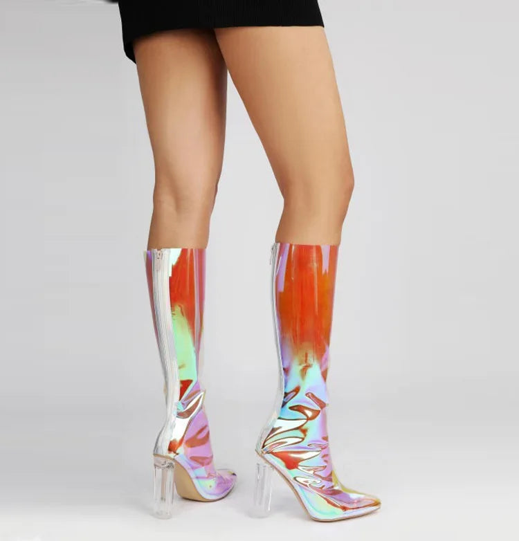 Sexy Pointed Crystal Transparent Knee-High Boots
