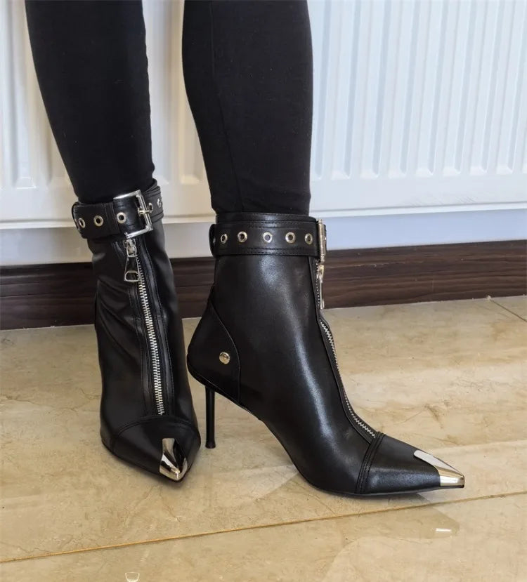 Pointed Ankle Boots – Belt Buckle & Front Zipper,