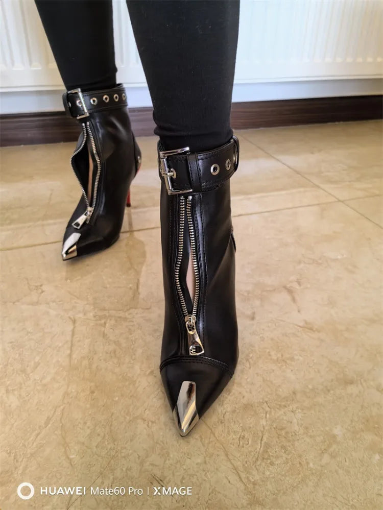 Pointed Ankle Boots – Belt Buckle & Front Zipper,