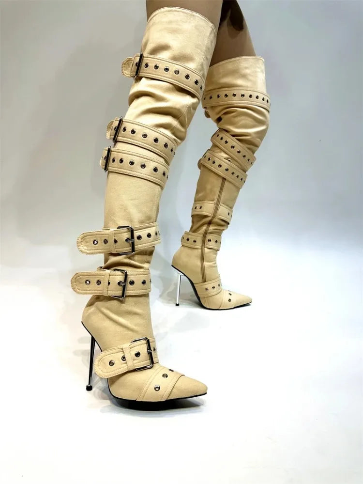 SLSHLYJ Denim Rivet Over-the-Knee Boots – 12cm Heels, Punk Silver Buckle