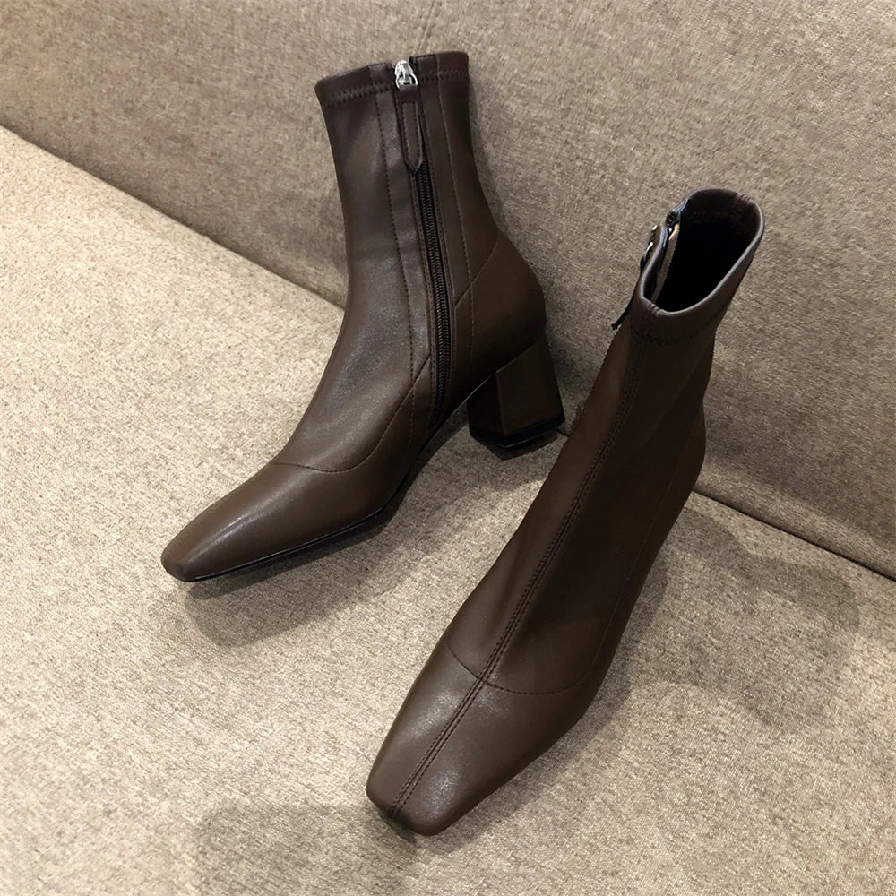 Diane Lockhart Square Toe Elastic Ankle Boots – Chic Thick-Heeled Bare Booties for Women