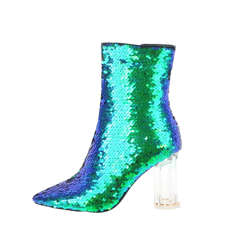 Sequined Short Boots – Women’s Bling Chunk Heel Pointed Toe Ankle Booties