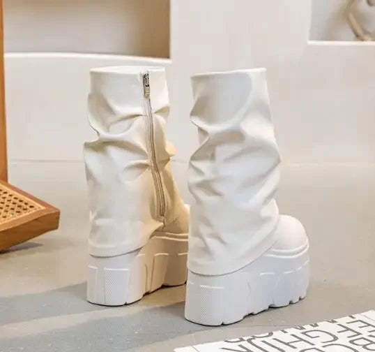 Calf Ankle Booties – PU Leather Motorcycle Boots with Platform, Winter 2025