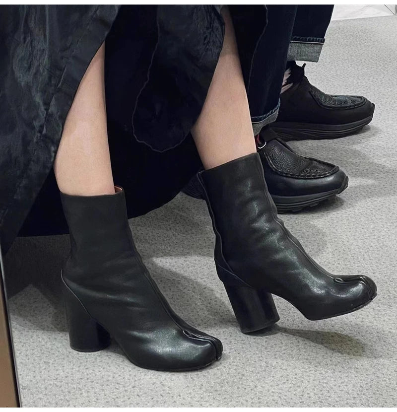 Women’s Split-Toe Tabi Ankle Boots – Chunky High Heel Chelsea Short Booties