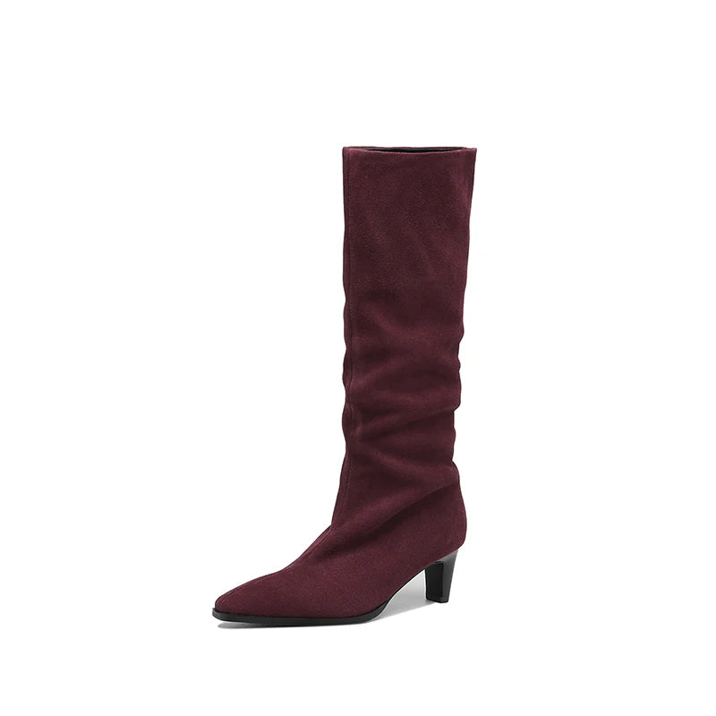 Cow Suede Knee-High Boots – Square Toe Thin High Heels