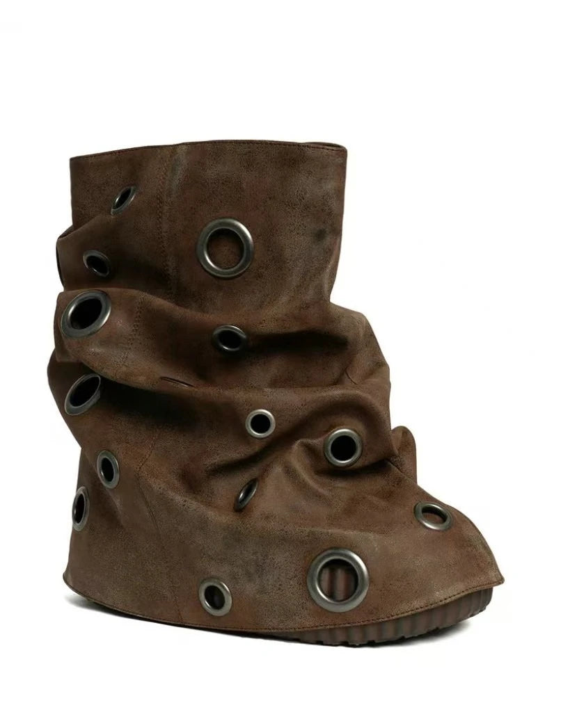 Roman Style Mid-Calf Boots – Thick Bottom, Metal Hole Detail, Slip-On Comfort