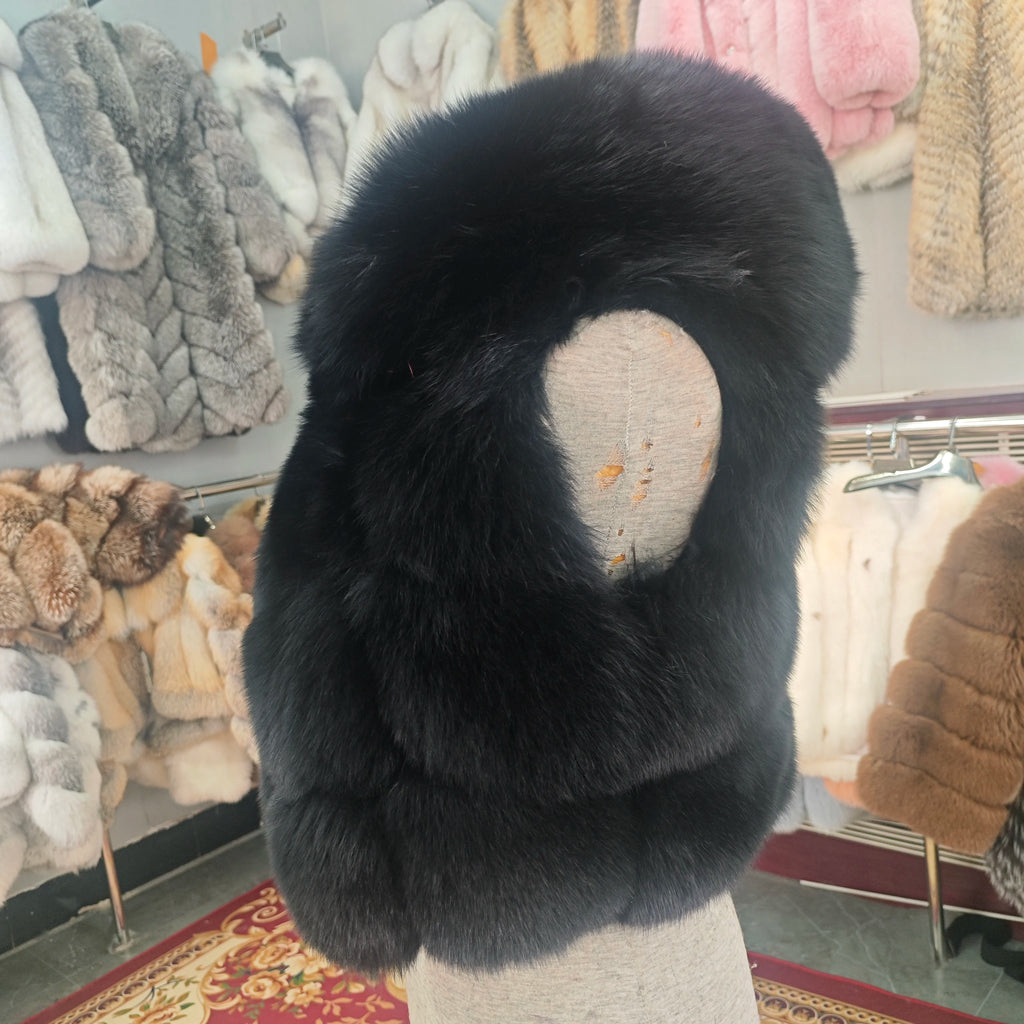 Real Silver Fox Fur Vest – Hooded Genuine Leather Sleeveless Jacket for Women