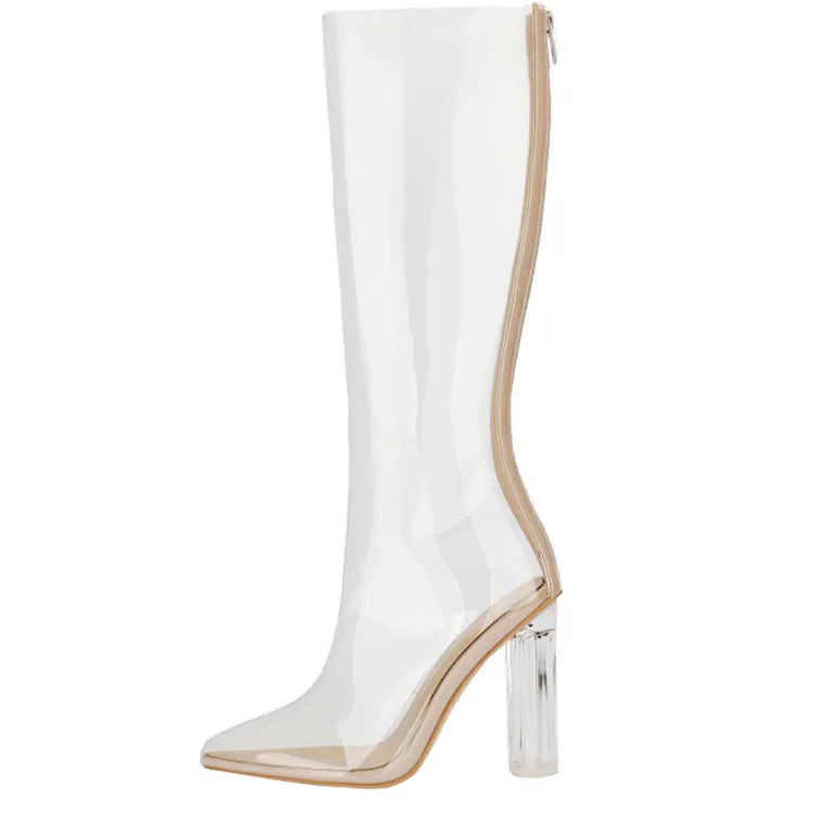 Sexy Pointed Crystal Transparent Knee-High Boots