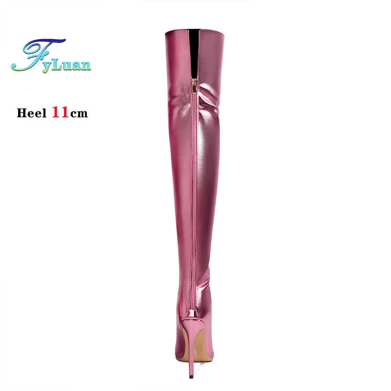 Fyluan Women’s Shiny Gold Over-the-Knee Boots – 11cm High Heels, Pointed Toe