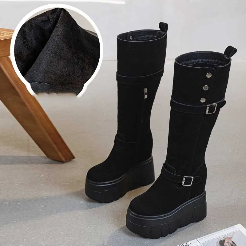 Motorcycle Boots – Microfiber & Synthetic Leather Platform Wedges, Spring/Autumn