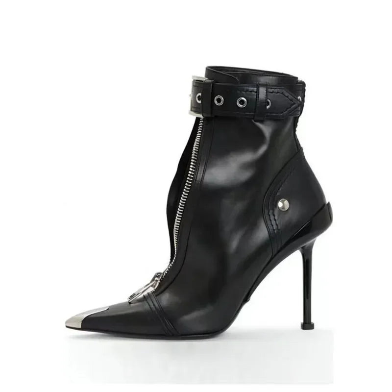 Pointed Ankle Boots – Belt Buckle & Front Zipper,