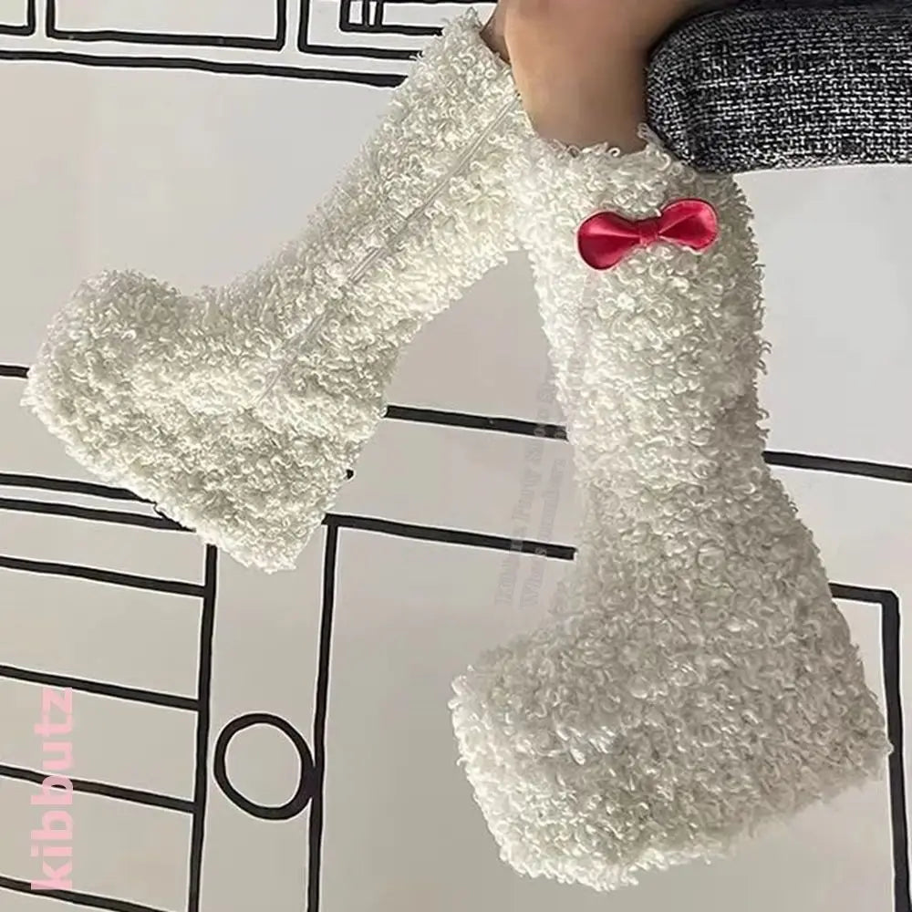 Kibbutz Women’s Lamb’s Wool Knee-High Boots – Warm Snow Fur Bowknot Platform Shoes