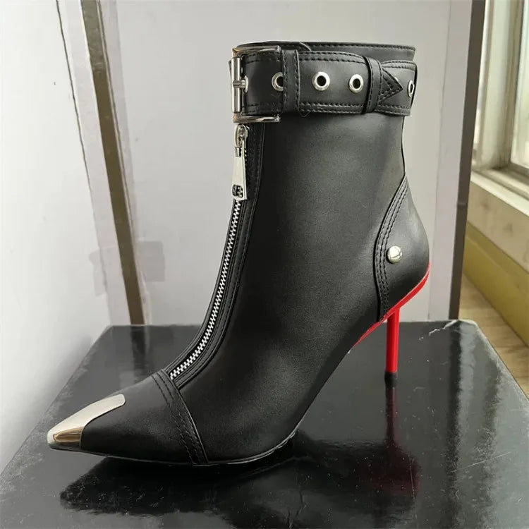Pointed Ankle Boots – Belt Buckle & Front Zipper,