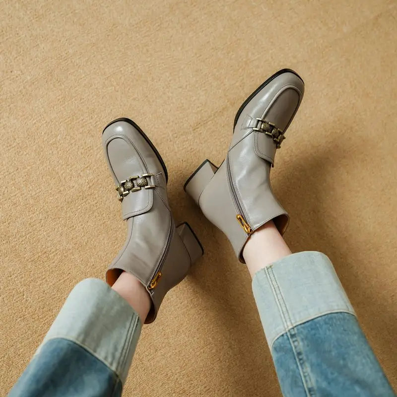 ASUMER Women’s Genuine Leather Ankle Boots – Zipper Square Mid Heels for Autumn & Winter