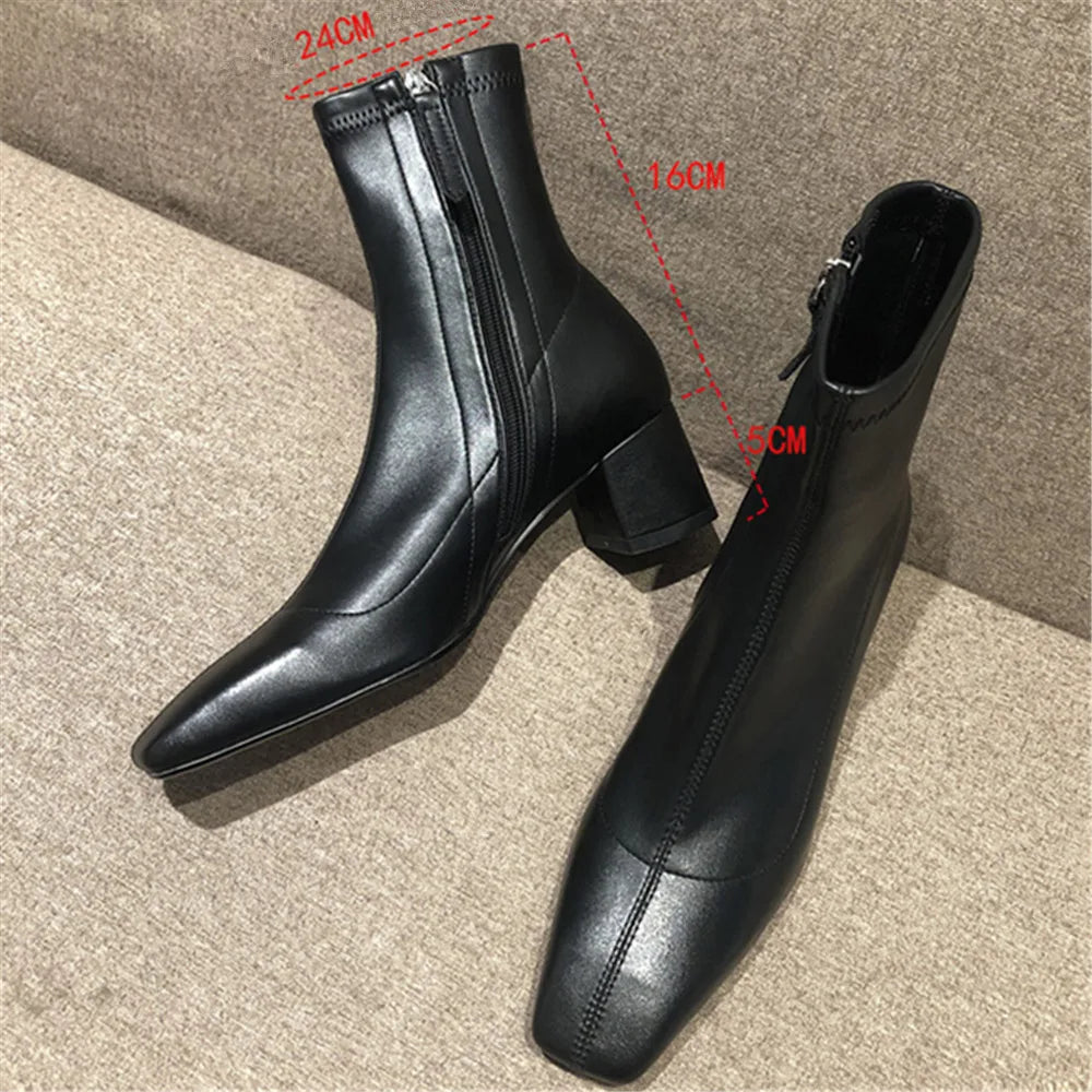 Diane Lockhart Square Toe Elastic Ankle Boots – Chic Thick-Heeled Bare Booties for Women