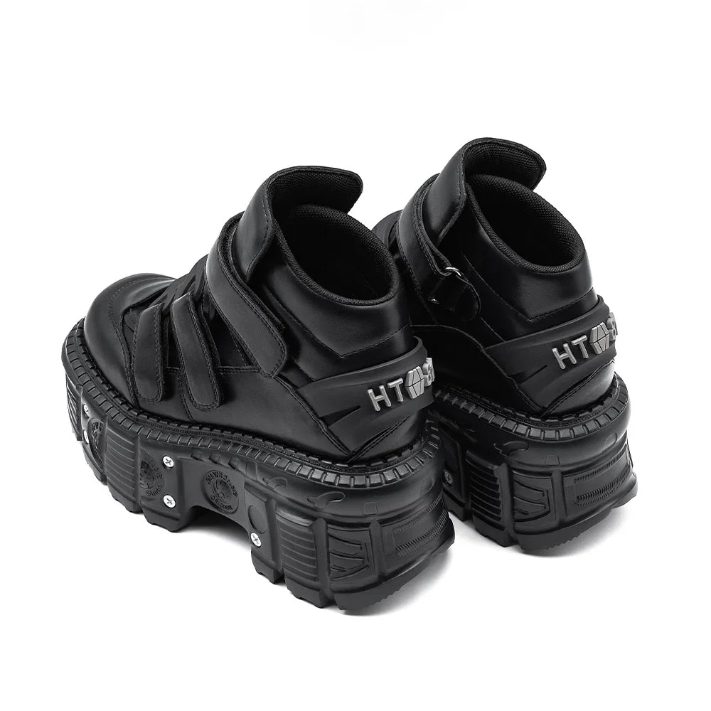 Punk Style Gothic Ankle Boots – Lace-Up Platform Heel Metal Detail