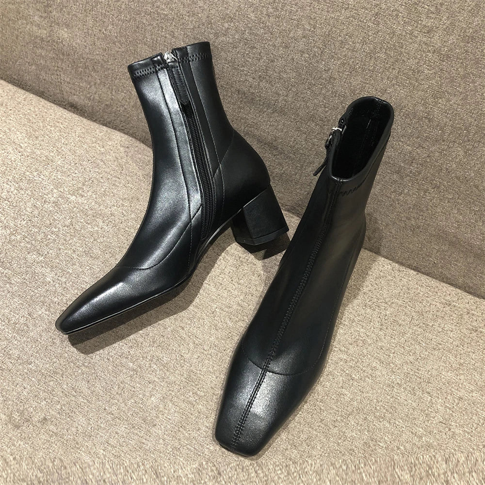 Diane Lockhart Square Toe Elastic Ankle Boots – Chic Thick-Heeled Bare Booties for Women