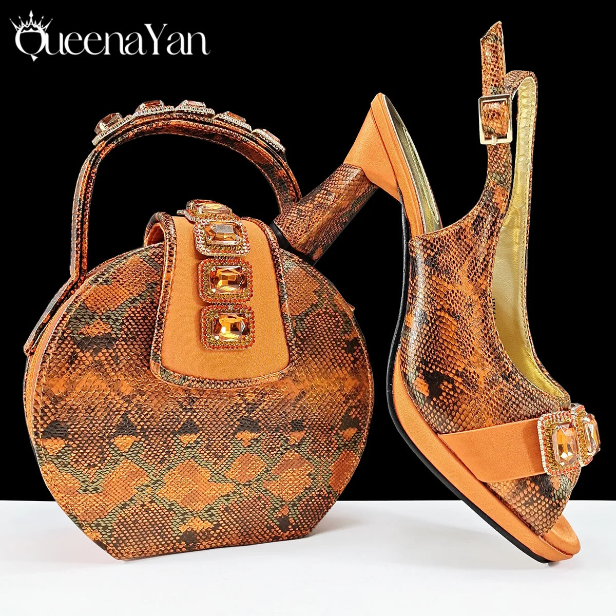Brown patterned shoes and matching handbag with gold accents on a white background, branded 'Queena Yan'.