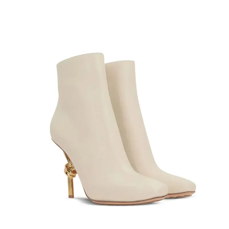Thermal Square Toe Ankle Boots – Metal Knot Heel Stiletto Boots for Women