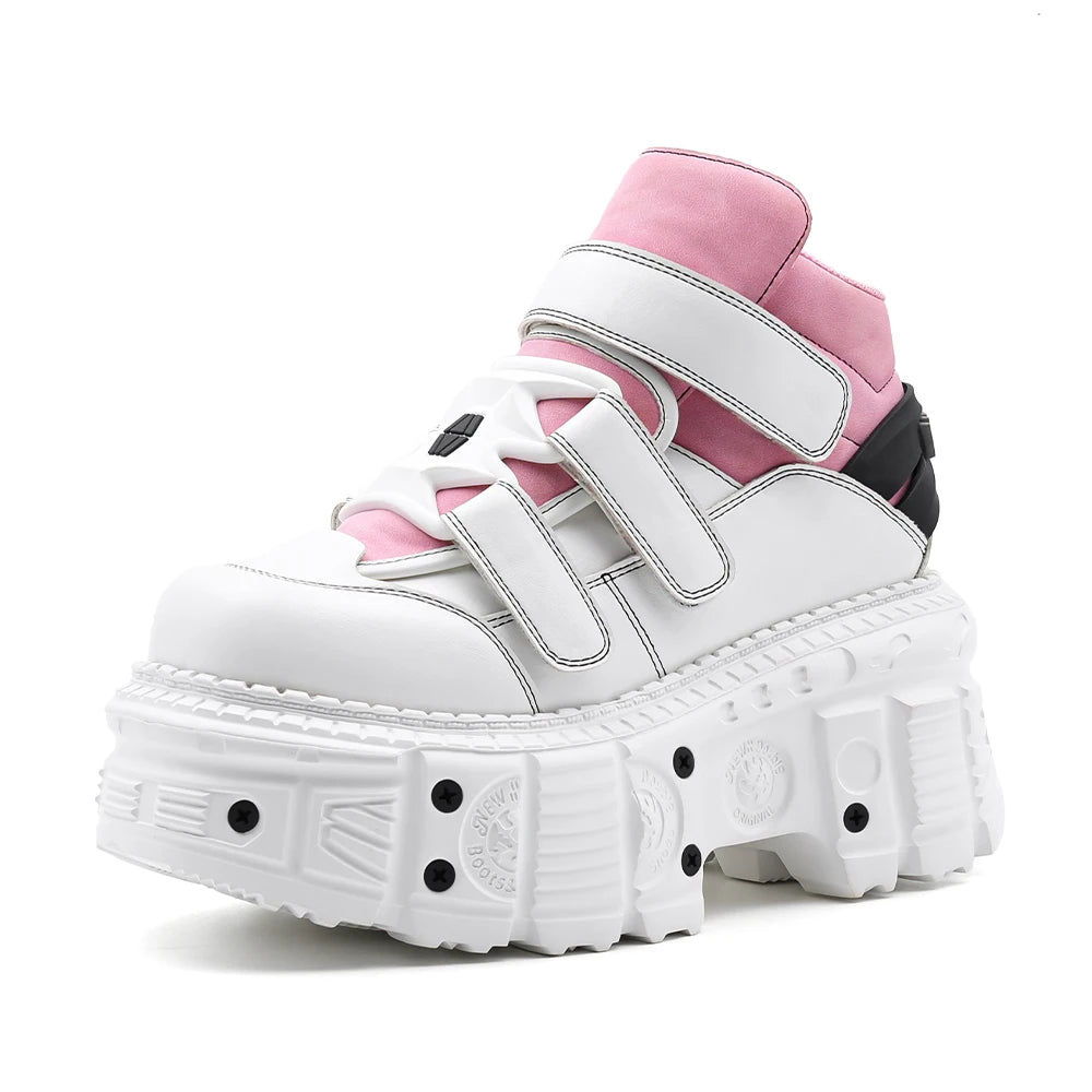 Pink Style Women’s Knee-High Boots – Lace-Up Platform Heel with Metal Detail